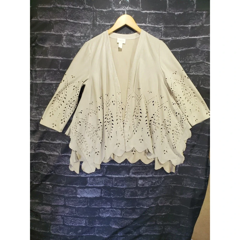 Chicos Faux Suede Open Front‎ Cardigan Womens S Tan Laser Cut Scalloped Hem Boho